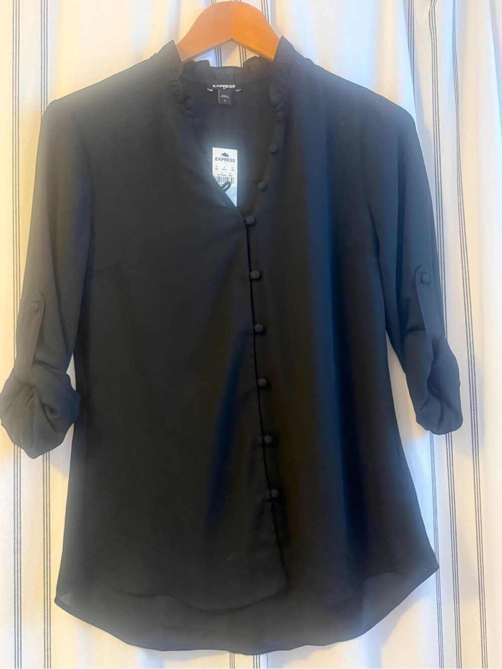 Express Black Button-Front Roll-Sleeve Shirt